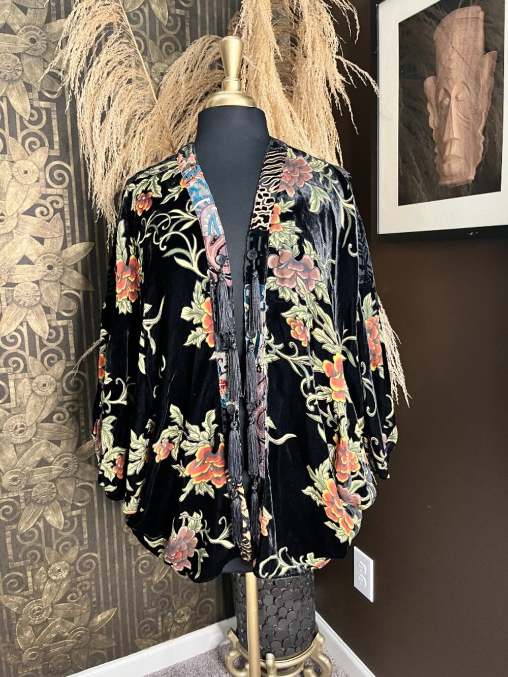 John Mark Black velvet floral boho kimono